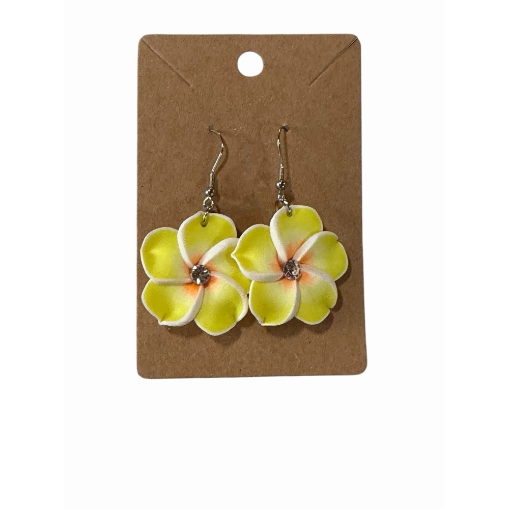 Yellow Plumeria Flower Drop Earrings Tropical Floral‎ Rhinestone Dangle Jewelry